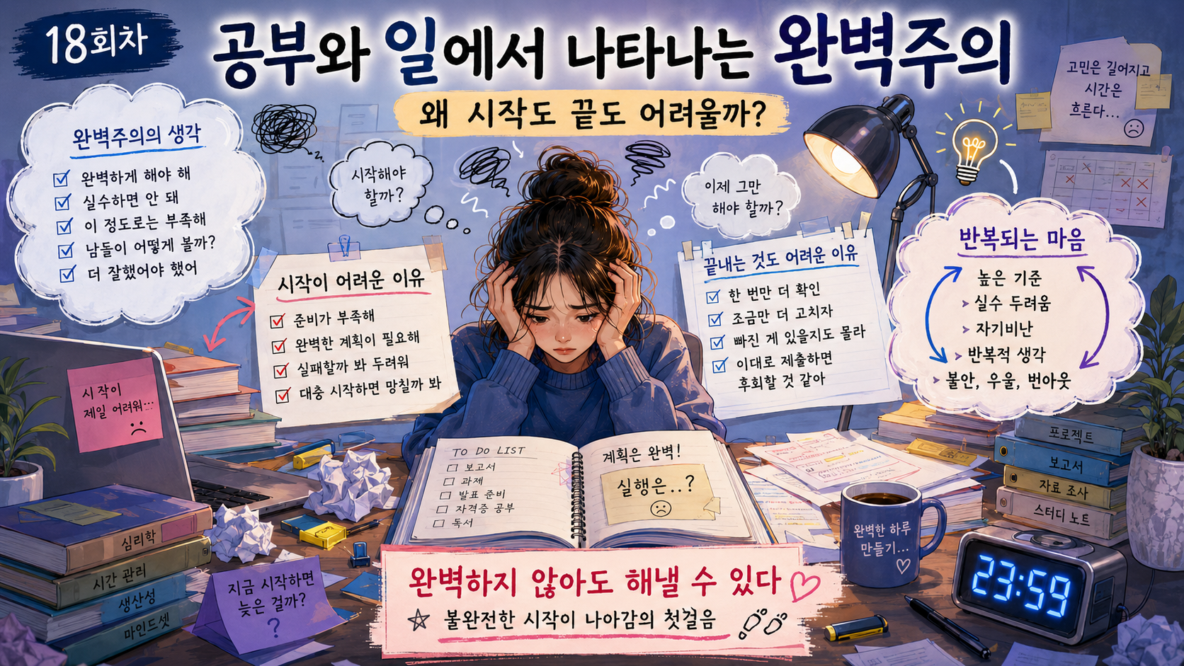 공부와 업무 상황에서 완벽하게 해내야 한다는 압박과 미루기, 반복 확인을 경험하는 완벽주의자의 마음을 표현한 이미지