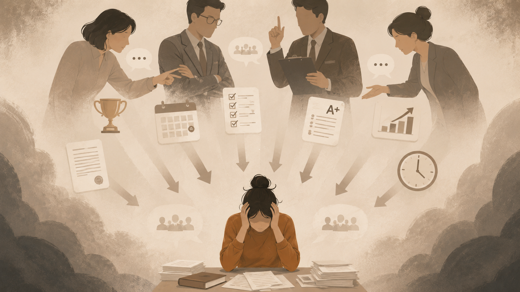 외부의 기대와 압박에 짓눌리는 사회적으로 부과된 완벽주의를 표현한 이미지