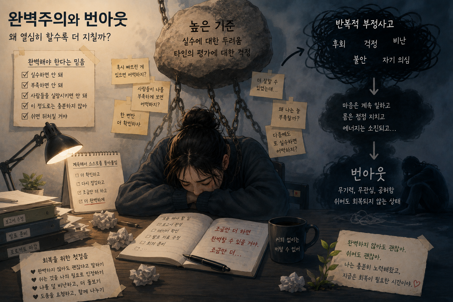 완벽주의와 반복적 자기비난이 번아웃으로 이어지는 과정을 표현한 이미지