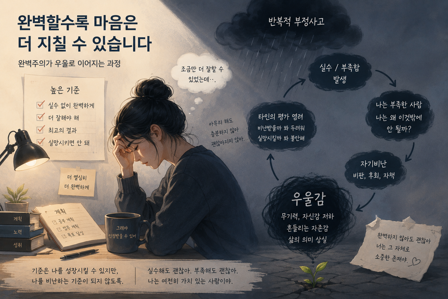 완벽주의와 자기비난이 우울감으로 이어지는 과정을 표현한 이미지