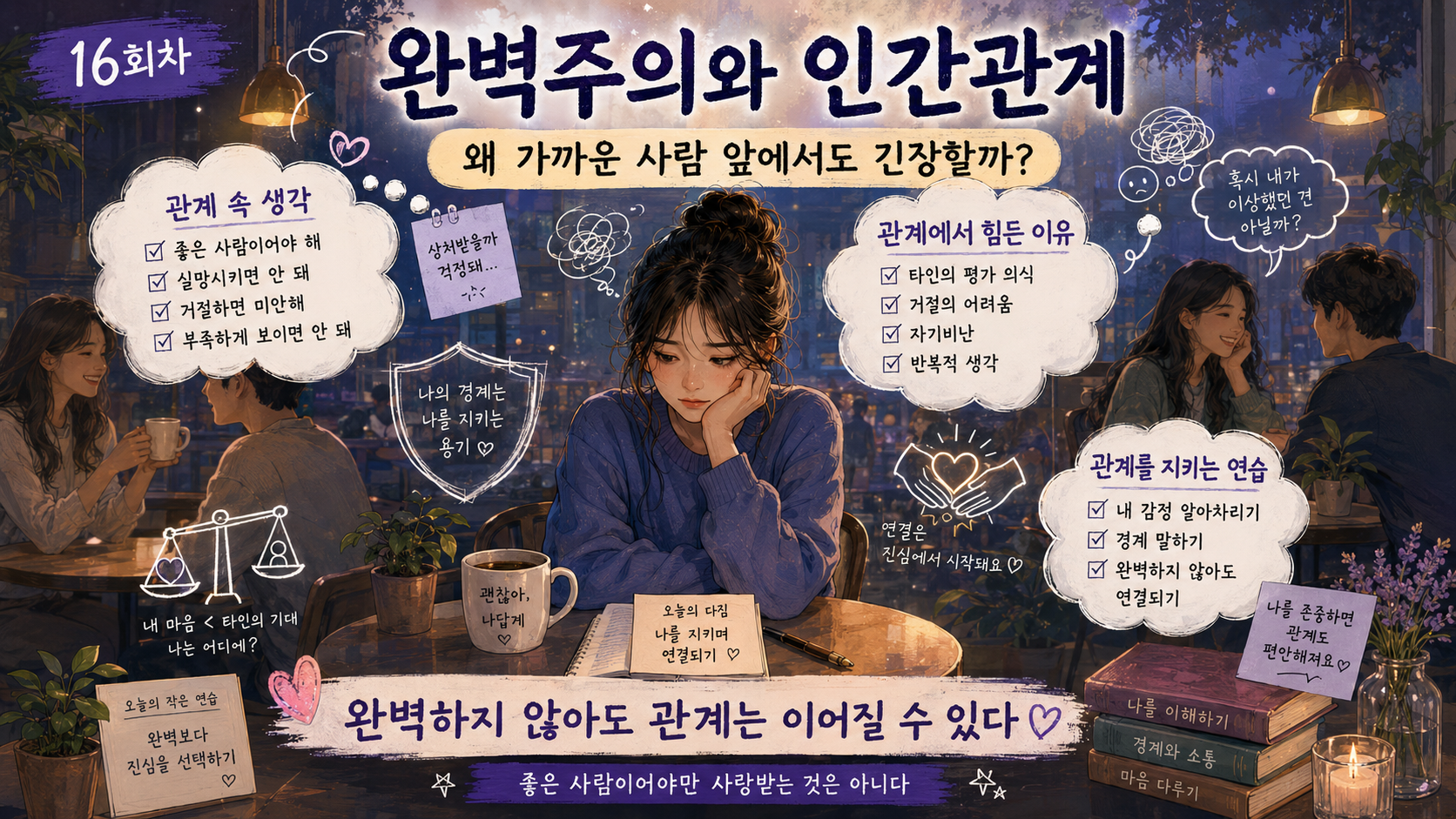 좋은 사람으로 보이고 싶은 압박과 거절에 대한 두려움을 느끼는 완벽주의자의 인간관계를 표현한 이미지