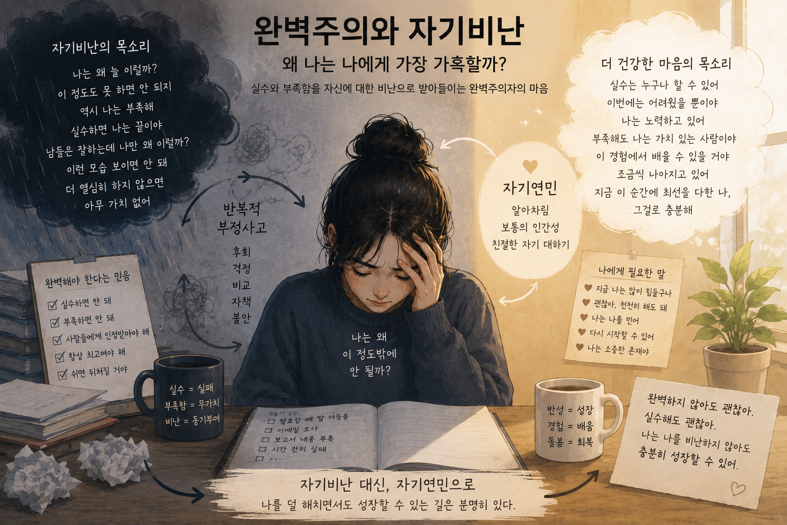 실수와 부족함을 자신에 대한 비난으로 받아들이는 완벽주의자의 마음을 표현한 이미지