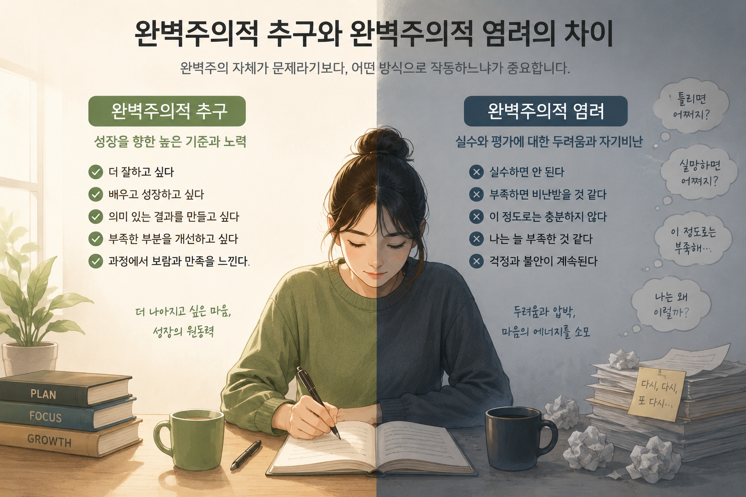 완벽주의적 추구와 완벽주의적 염려의 차이를 상징적으로 표현한 이미지