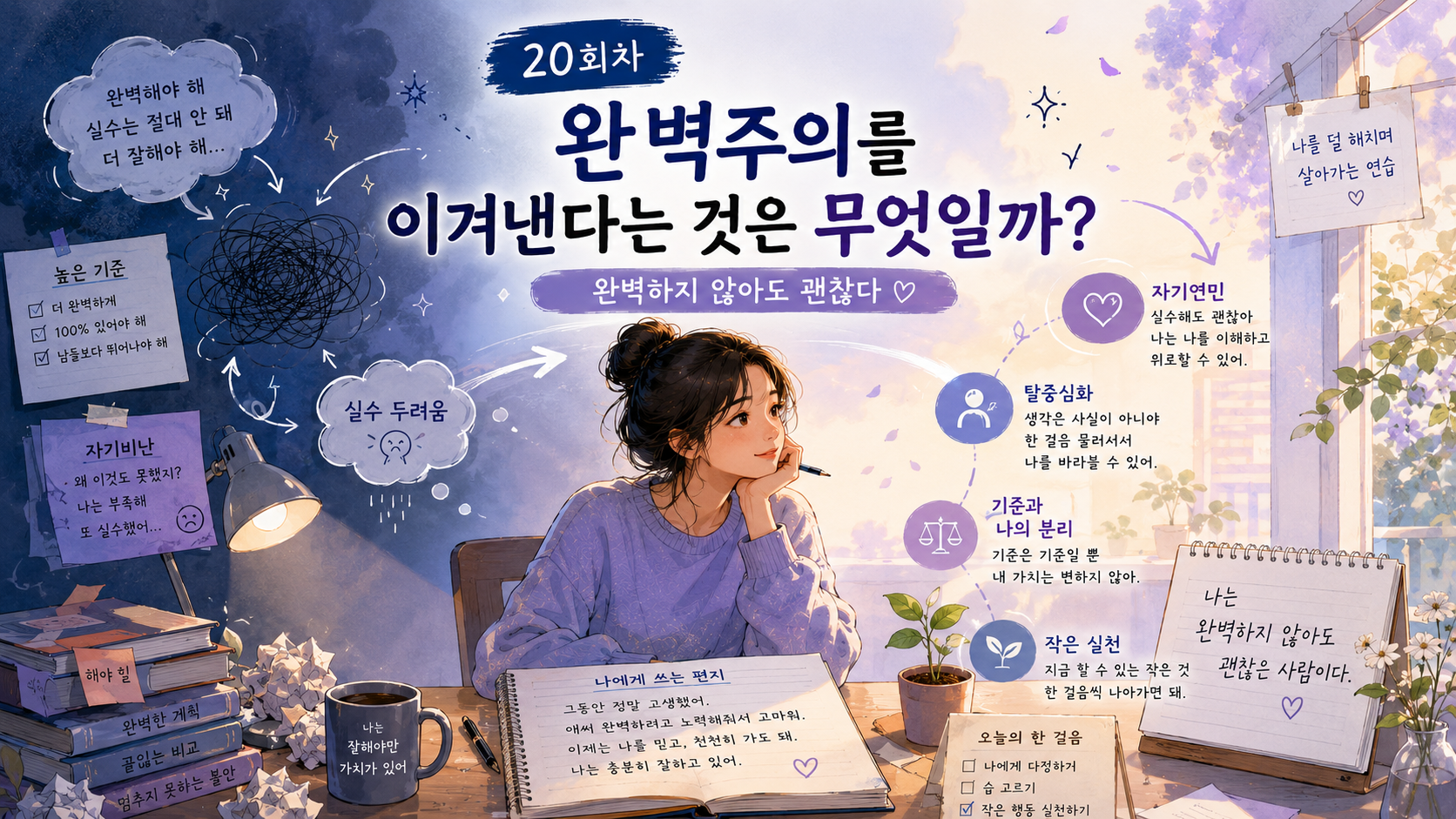 완벽주의의 높은 기준과 자기비난에서 벗어나 기준과 나를 분리하는 과정을 표현한 이미지
