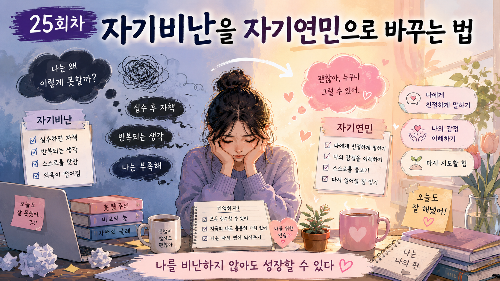 완벽주의자가 자신을 비난하는 마음에서 벗어나 자기연민으로 스스로를 대하는 과정을 표현한 이미지