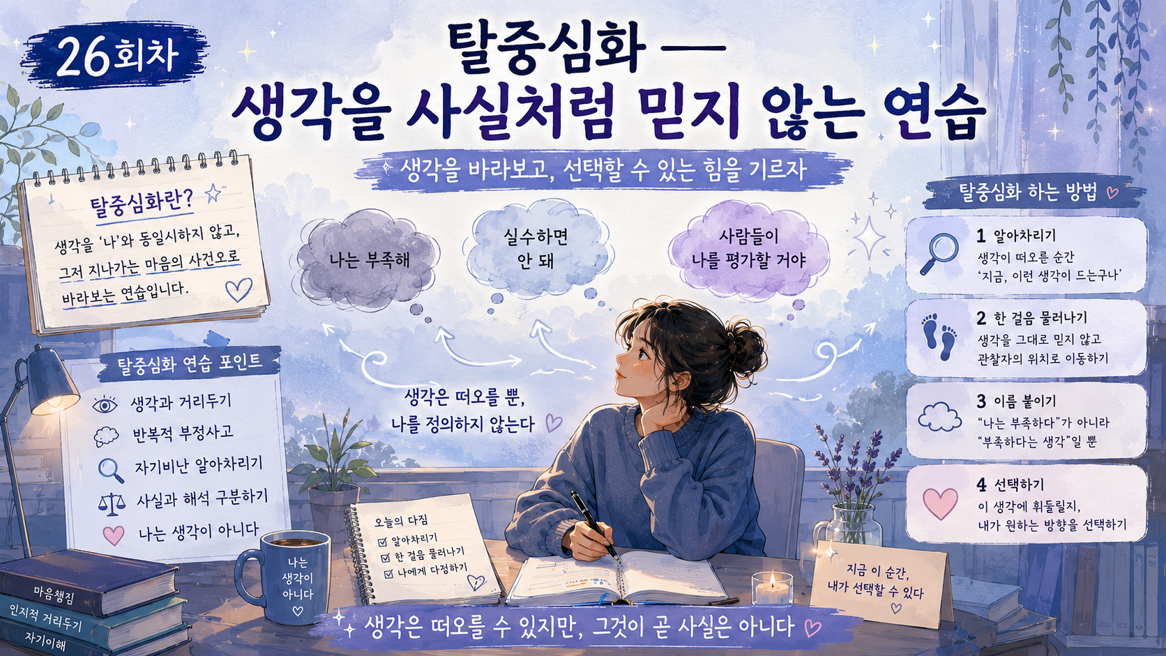 생각을 사실처럼 믿지 않고 한 걸음 떨어져 바라보는 완벽주의자의 탈중심화 연습을 표현한 이미지