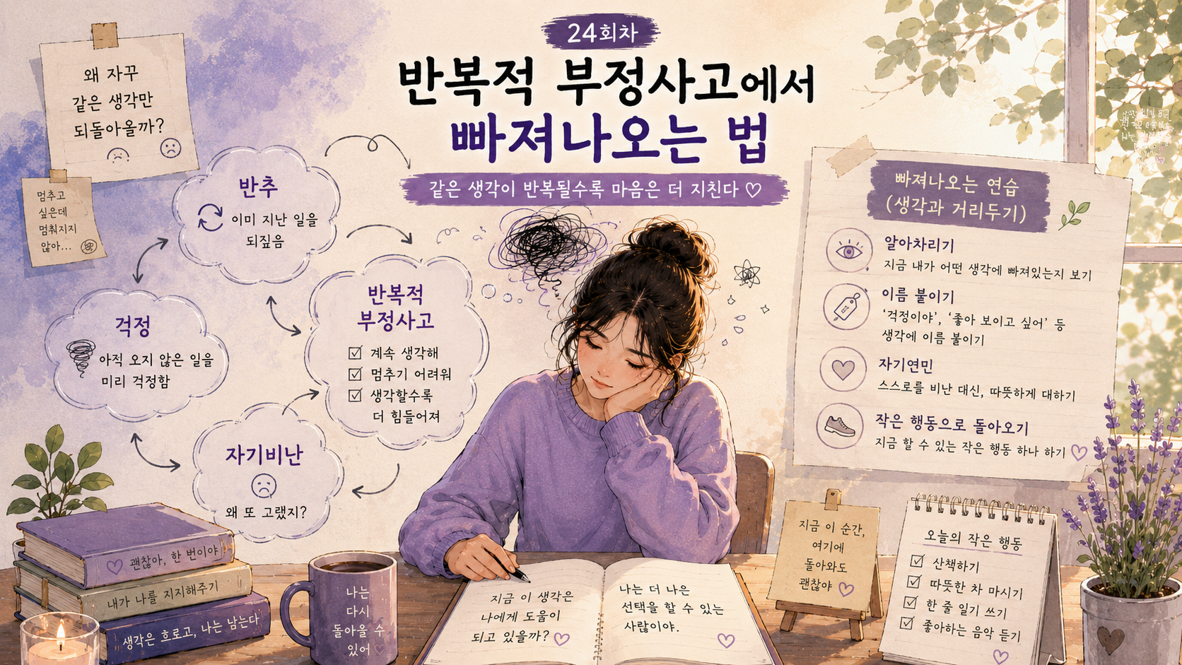 완벽주의자가 반복되는 부정적인 생각을 알아차리고 자기연민으로 돌아오는 과정을 표현한 이미지
