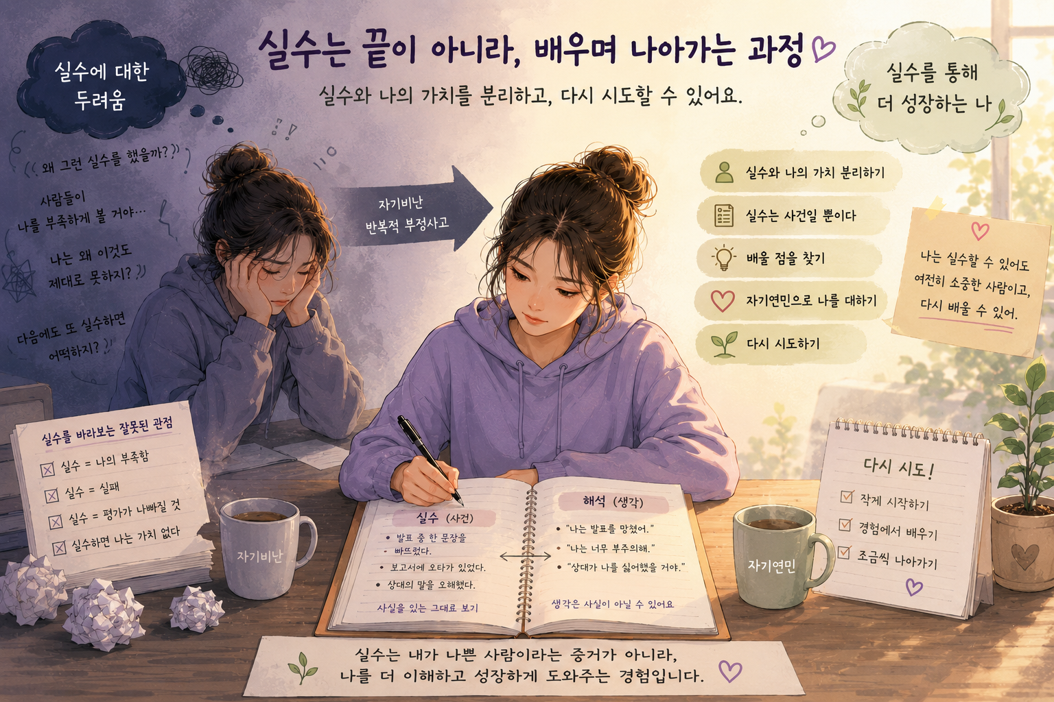 실수를 자신의 가치와 분리하고 다시 시도하는 완벽주의자의 회복 과정을 표현한 이미지