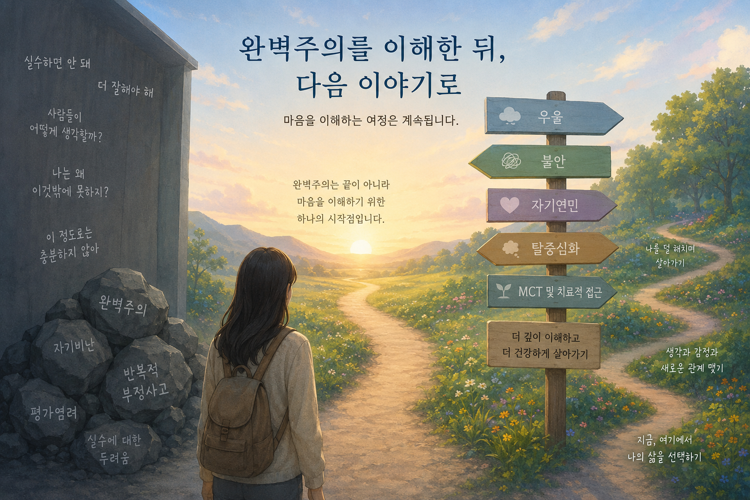 완벽주의를 마음 이해의 시작점으로 삼아 우울, 불안, 자기연민과 탈중심화로 이어지는 흐름을 표현한 이미지