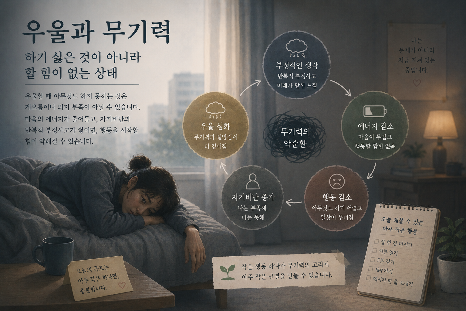 우울할 때 하기 싫은 것이 아니라 할 힘이 없는 무기력한 마음의 상태를 표현한 이미지