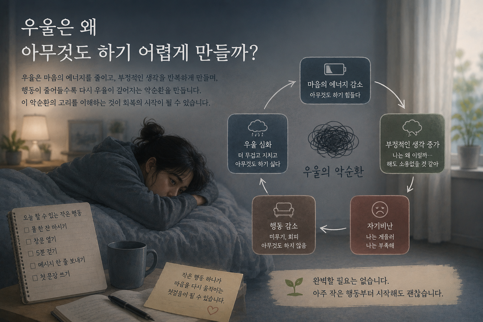 우울로 인해 마음의 에너지가 줄어들고 작은 행동을 시작하기 어려운 상태를 표현한 이미지