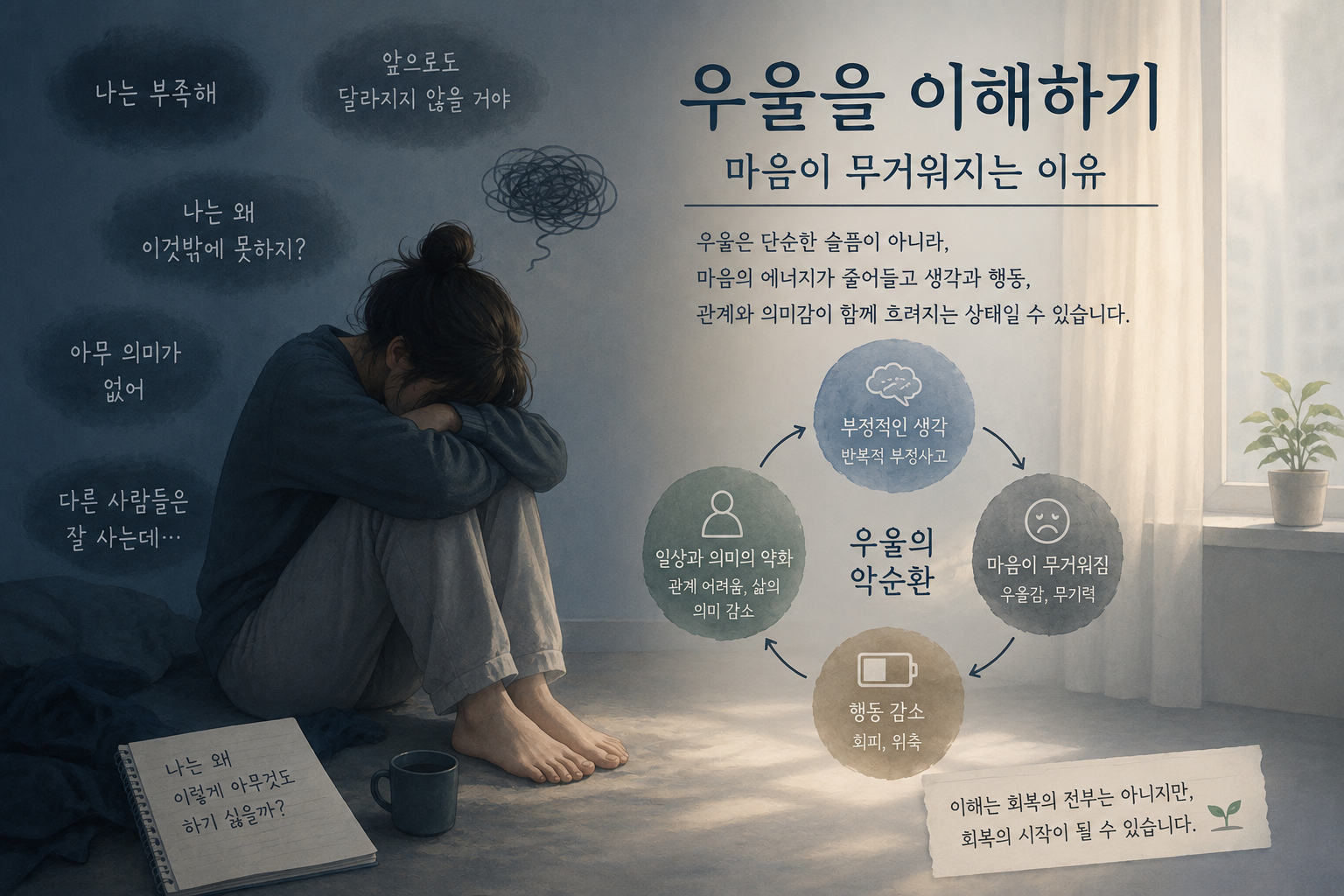 우울할 때 마음이 무거워지고 생각과 행동이 함께 줄어드는 과정을 표현한 이미지