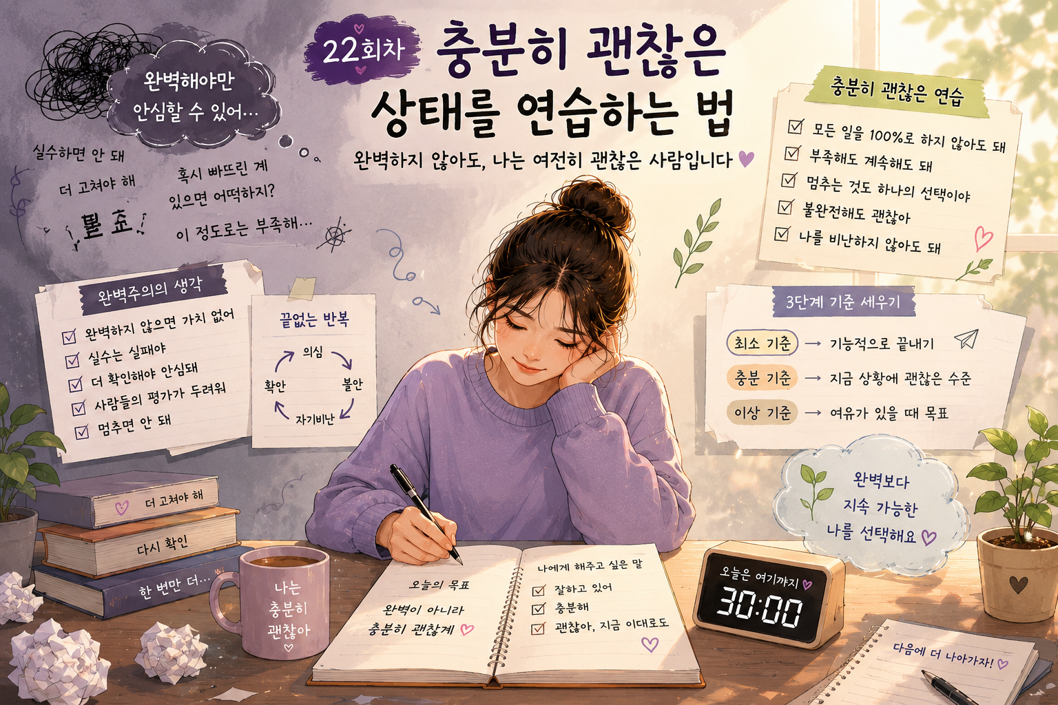 완벽한 결과보다 충분히 괜찮은 기준을 받아들이며 완벽주의를 다루는 과정을 표현한 이미지